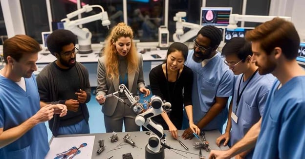Group of surgeons observe a surgical robot
