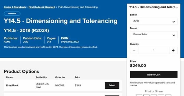 Product page for ASME Y14.5 standard
