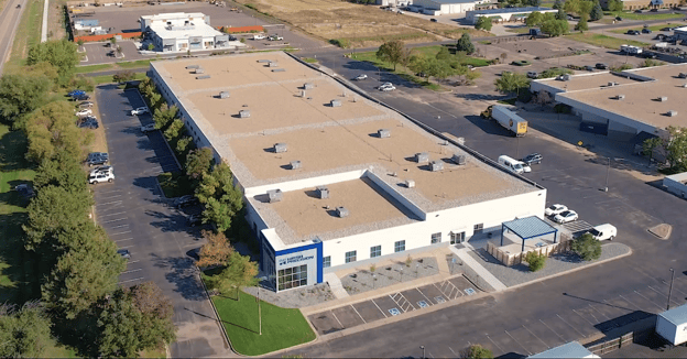 Overhead drone shot of Hirsh Precision's new headquarters in Frederick, CO