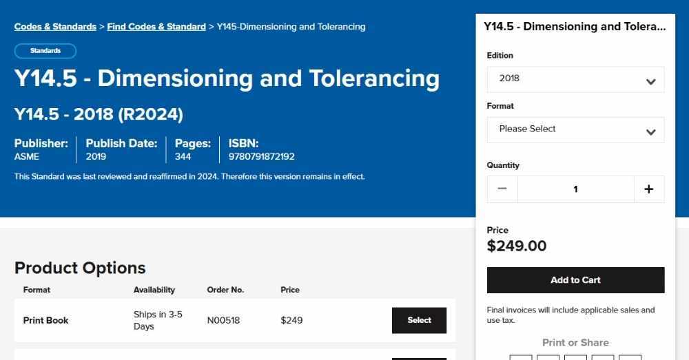 Product page for ASME Y14.5 standard