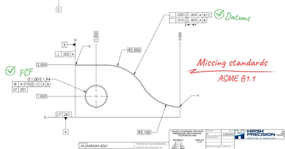Technical drawing with mark-up notes from machinist