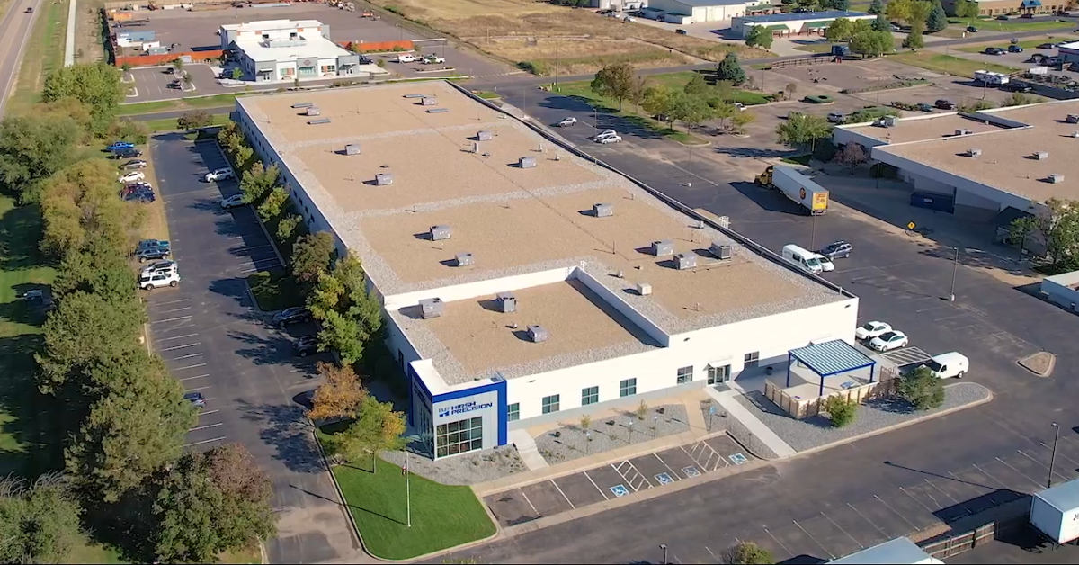 Overhead drone shot of Hirsh Precision's new headquarters in Frederick, CO